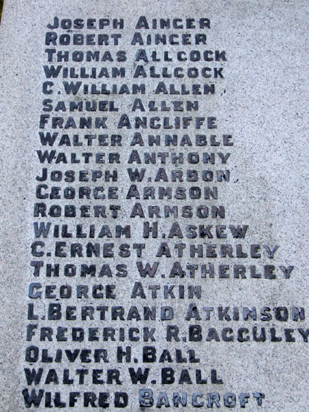 2nd Lieut Ball's name on the War Memorial for Arnold and Daybrook (Notts)