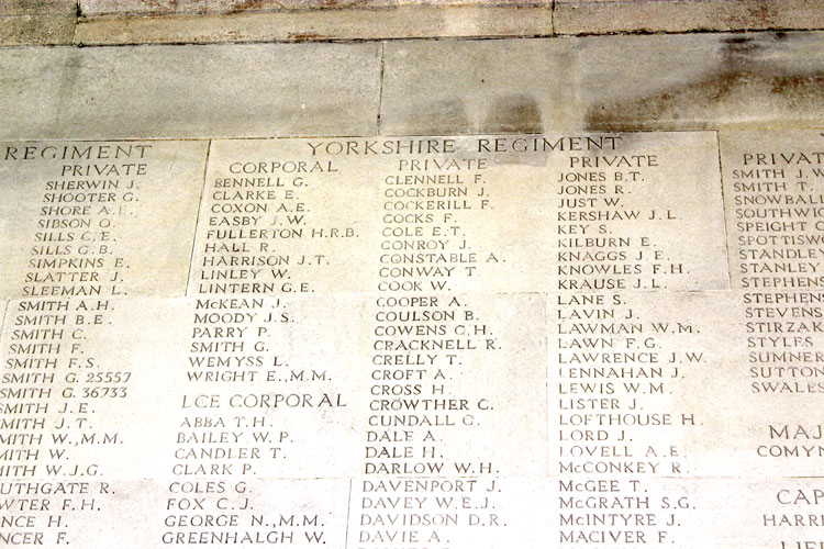 Part of the Arras Memorial Commemorating Other Ranks of the Yorkshire Regiment