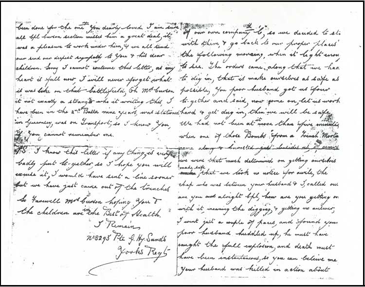 Private Sands' letter describing the circumstances of Arthur Curson's death. A transcript of this letter is given below;-