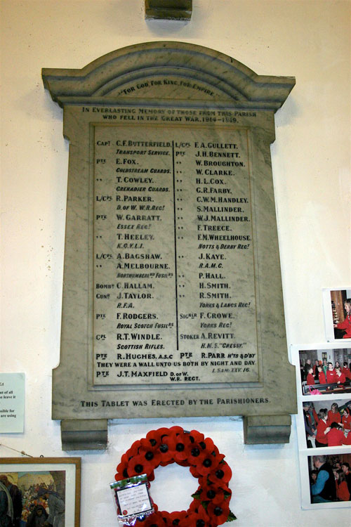 The First World War Memorial in St. James' Church, Barlborough (Derbyshire)