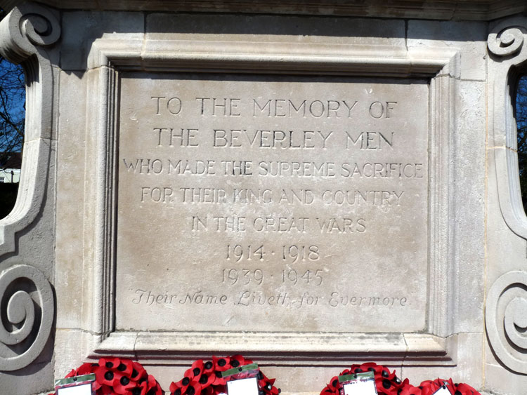The Dedication on the War Memorial in Beverley's Memorial Gardens