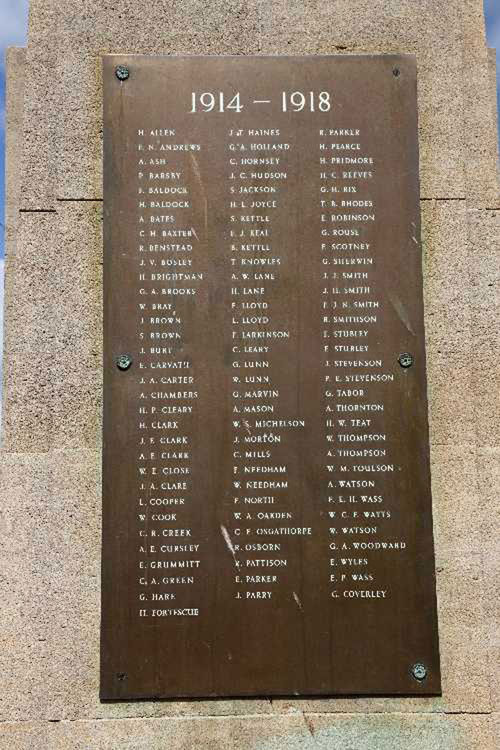 The First World War Names Commemorated on the War Memorial for Bourne (Lincs)
