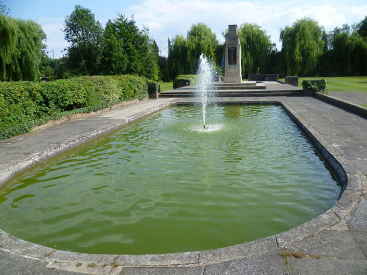 The Fountain for Bourne War Memorial. Sited in Memorial Gardens, this is the view from the north.