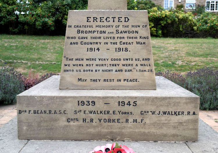 The Dedication on the Brompton-by-Sawdon War Memorial, and Second World War Commemorations.