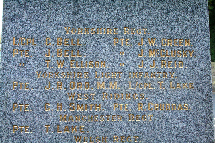 Names of men of the Yorkshire Regiment on the War Memorial at Burnopfield, Co. Durham