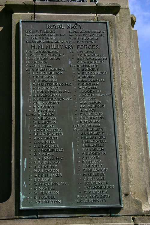 The Panel Bearing the Name of Lieutenant Adam on the War Memorial for Buxton (Derbyshire)