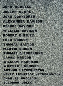 Names of men who lost their lives in the First World War on the Byers Green War Memorial.