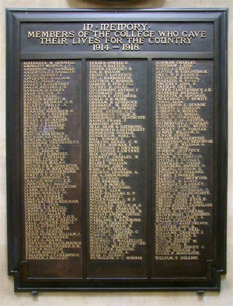 The First World War Memorial in the Chapel for Clare College, Cambridge