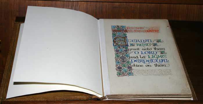 The Book of Remembrance in St. Cuthbert's Church, Cotherstone, open at the Dedication Page. 