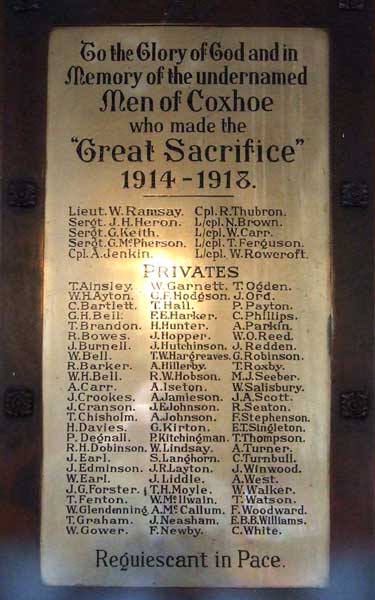 The War Memorial in St. Mary's Church, Coxhoe.