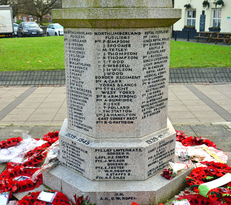 Sgt Armstrong's name on the War Memorial for Cramlington (Northumberland)