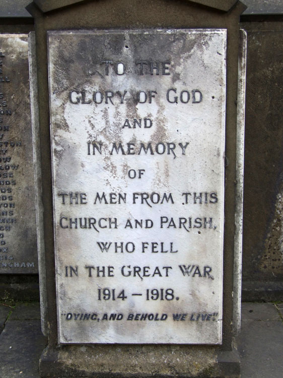 The Dedication on the War Memorial outside St. Thomas' Church, Derby 