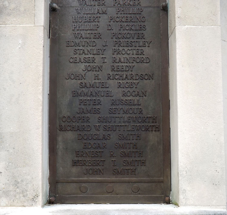 John Smith's Name on the Earby War Memorial.