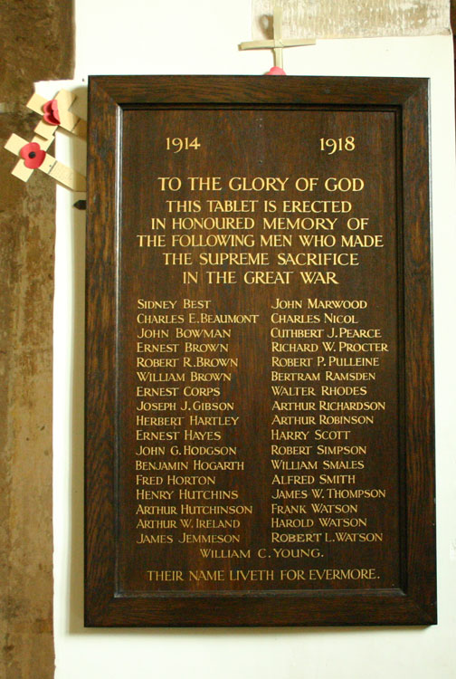The First World War Roll of Honour in St. Agatha's Church, Easby.