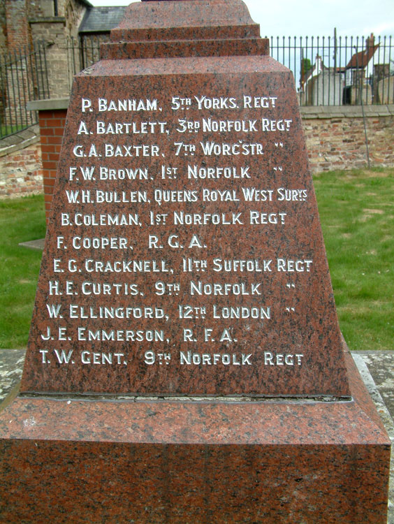 Percy Banham's Name on the War Memorial for Feltwell (Norfolk)