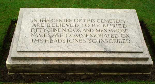 The commemorative stone in Fricourt British Cemetery