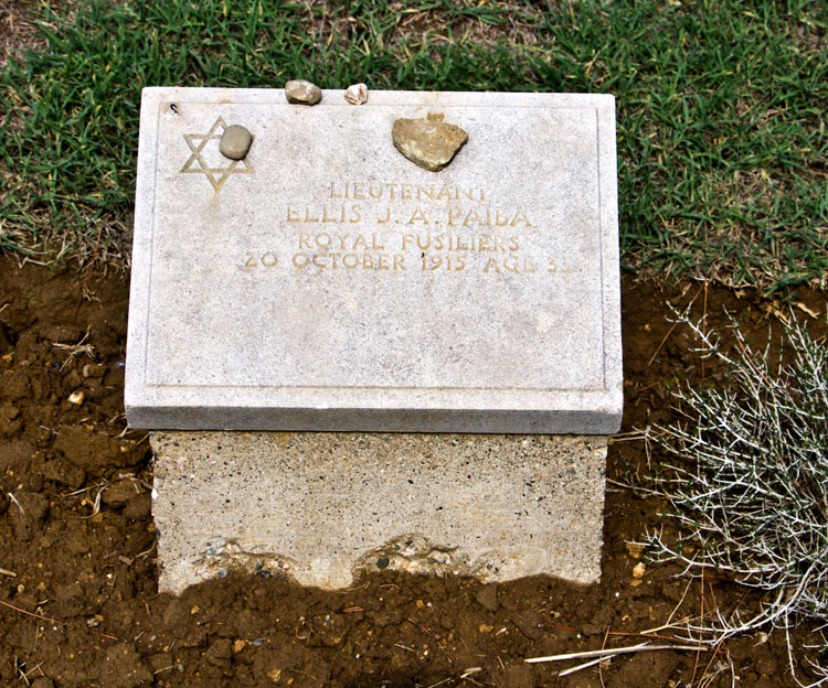 The headstone in Azmac Cemetery for Lieutenant Paiba of the Royal Fusiliers