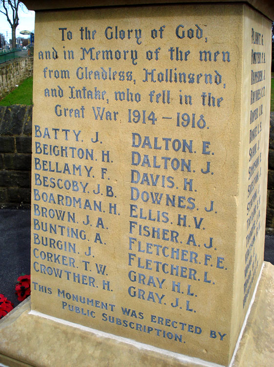 L/Cpl Burgin's name on the War Memorial for Gleadless, Hollins End and Intake (Sheffield)