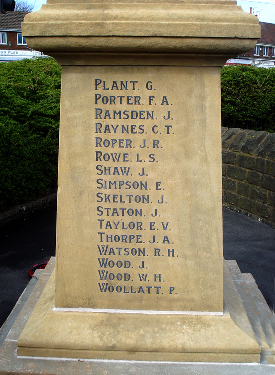 Private Staton's name on the War Memorial for Gleadless, Hollins End and Intake (Sheffield)