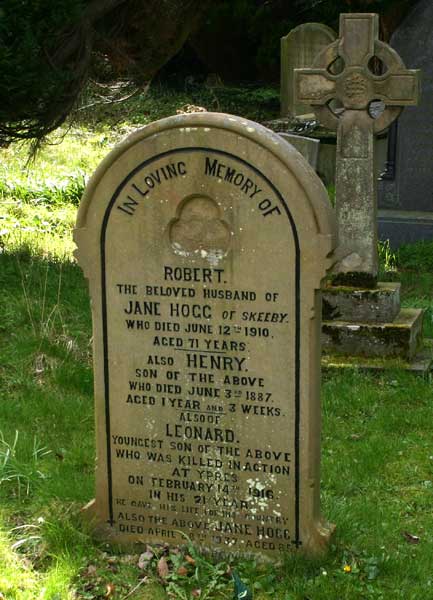 The Hogg family memorial and grave at St. Agatha's Church, Easby, which includes a memorial to Private Leonard Hogg of the 4th battalion.