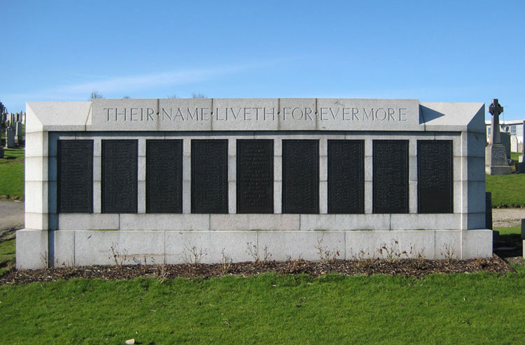 The Screen Wall in Aberdeen (Trinity) Cemetery on which the names of those buried in the cemetery are recorded, together with plot numbers.