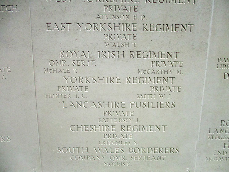 The Names of Privates T C Hunter and W J Smith on the Screen Wall in Brookwood Military Cemetery