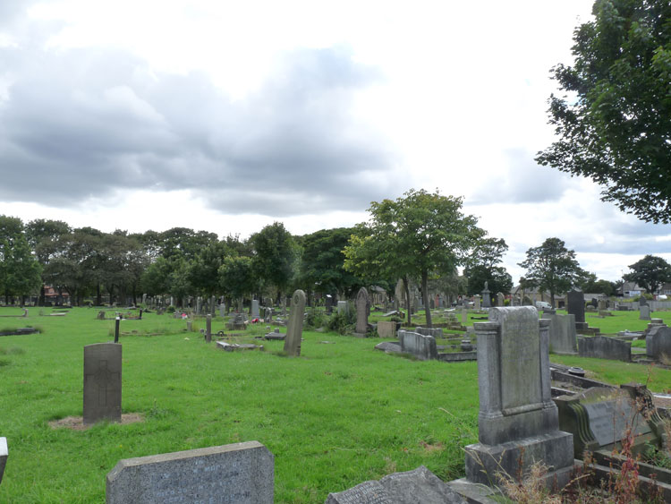 Corporal Twizell's headstone, - left foreground, in Newcastle-upon-Tyne (Byker and Heaton) Cemetery