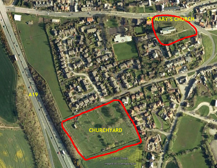 An image from Google Earth showing the location of Easington (St. Mary's) Church Burial Ground