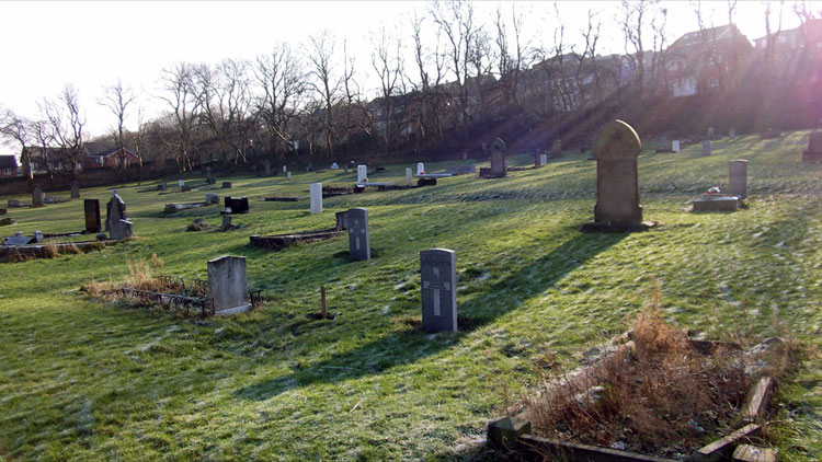 A view of Gateshead East Cemetery, with Private Vinton's headstone in the centre foreground.