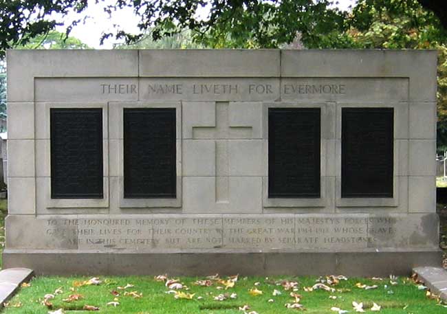 Birmingham (Witton) Cemetery Screen Wall with the Commemorative Panel on which Private Cuddy's name appears.