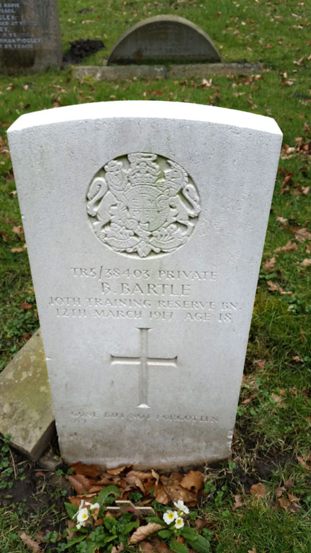 Private Benjamin Bartle. TR5/38403. The Yorkshire Regiment, 10th Training Reserve Battalion. Son of Benjamin and Harriet Bartle, of 1, Brook St., Keighley. Died at home 12 March 1917. Aged 18.