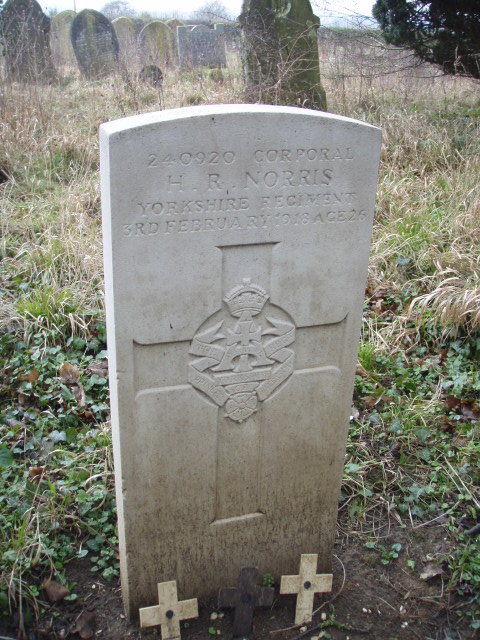 The headstone for Private Norris in Layston Churchyard Extension