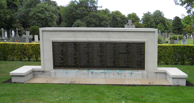 The screen wall in Leeds (Lawns Wood) Cemetery commemorating those who were buried in the Leeds Geberal Cemetery. This includes the commemoriation of one soldier who served in the Yorkshire Regiment.