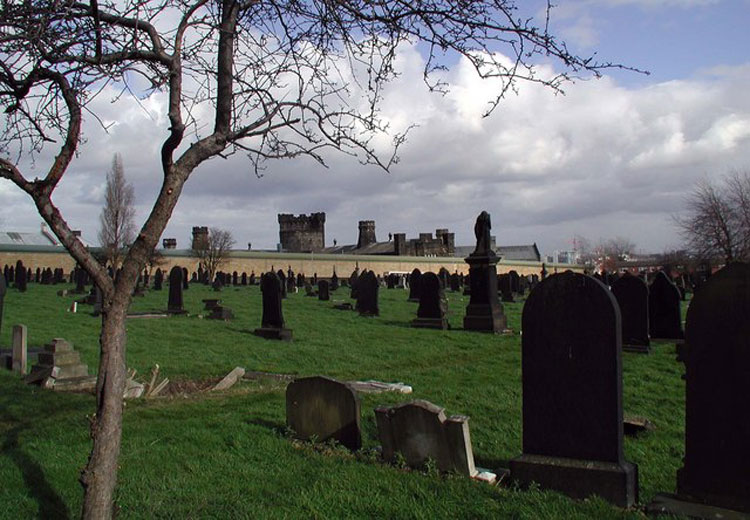 New Wortley Cemetery, Leeds, looking East-Northeast towards H.M. Prison, Armley