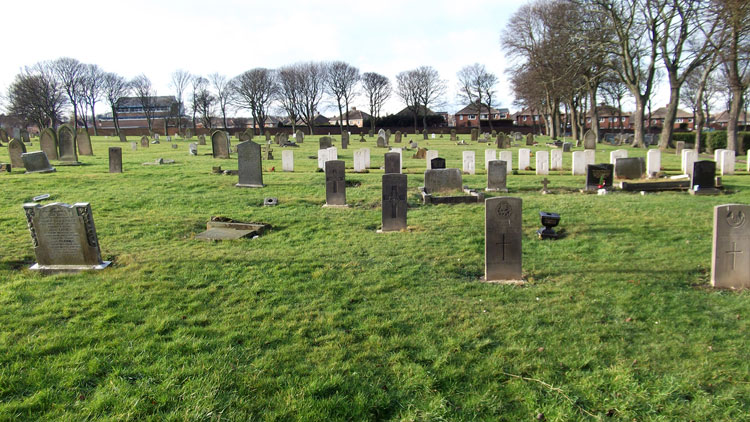 A general view of Sunderland (Mere Knolls) Cemetery, - Private Higgins' grave in centre, rear-foreground.