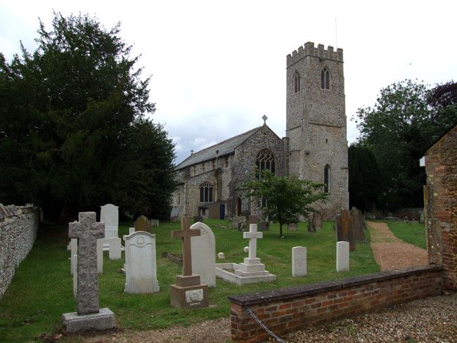 This is a view of the small war graves section of the churchyard where all the WW1 airmen who served at Narborough Aerodrome are buried.  The inscriptions on all the private memorials indicate that the men were killed in flying accidents.  Ernest Hildreth's headstone is second from the right in the photograph.
