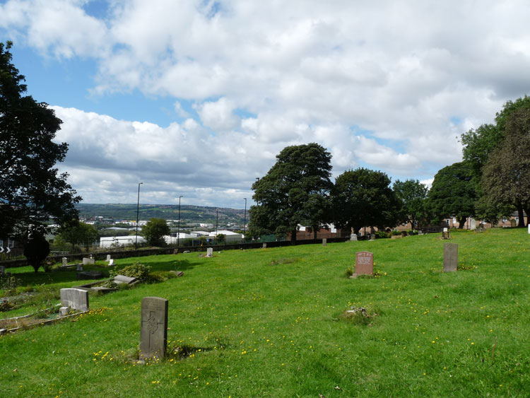 Private Bell's headstone, - left foreground, in Newcastle-upon-Tyne (St. John's Westgate and Elswick) Cemetery