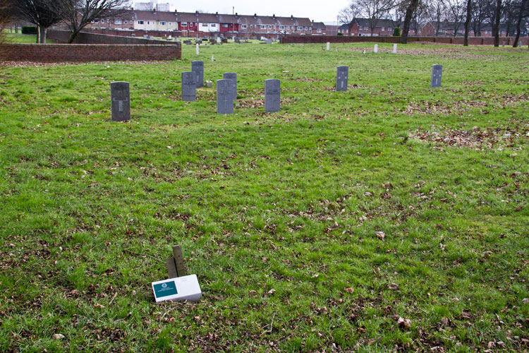 The headstone for John Rafferty (Alias Graham) of the Durham Light Infantry is being restored by the Commonwealth War Graves Commission. Amongst the other CWGC headstones in this photo, above Rafferty's grave and slightly to the right, is the headstone for Private Lockey. In line with Lockey's headstone, and two plots to the left, is Private Leahy's grave.