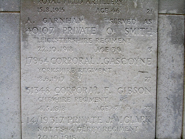 The Name of Cpl J Gascoyne on the Screen Wall in Nottingham General Cemetery