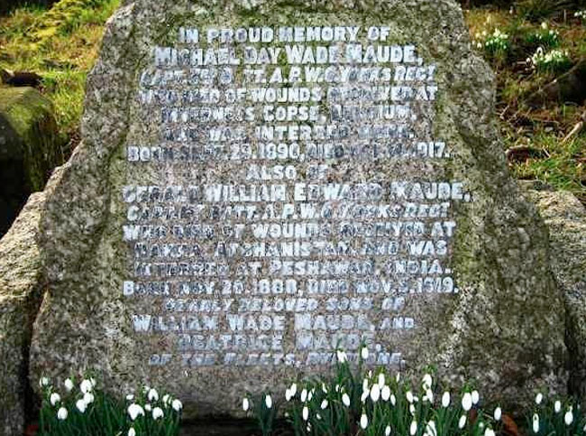 The headstone in Rylstone (St. Peter) Churchyard for Captain Michael Day Wade Maude.