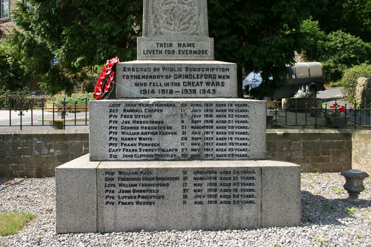 The First World War names on the Grindleford, Derbyshire, War Memorial