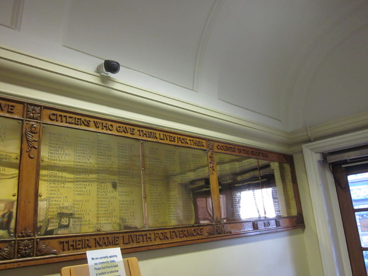 The Hove First World War Memorial inside the foyer of Hove Library