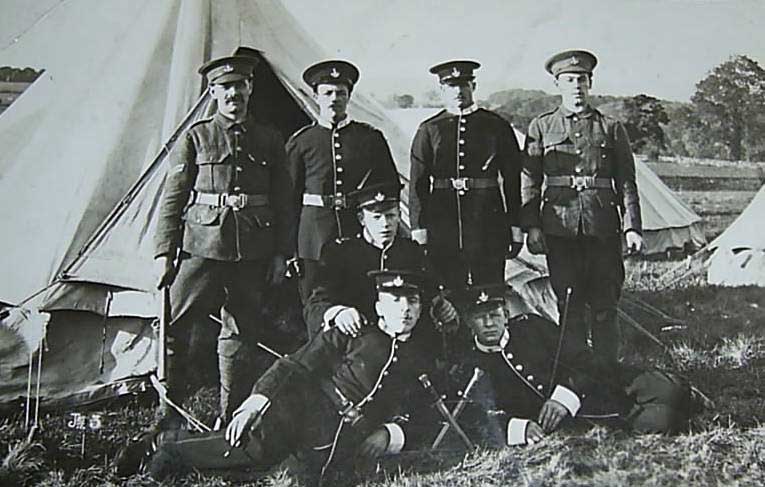 A group of seven soldiers of the Yorkshire Regiment, with James Daynes second from right in the back row.