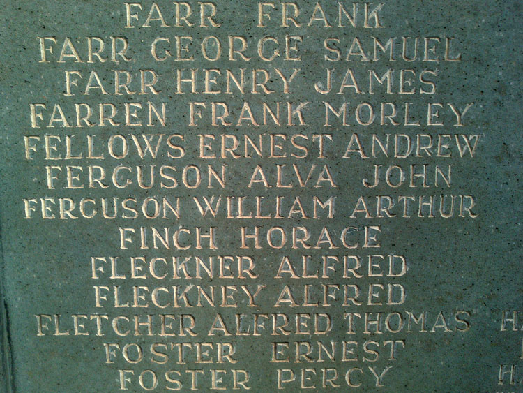 Horace Finch's Name on the War Memorial for Kettering, Northants