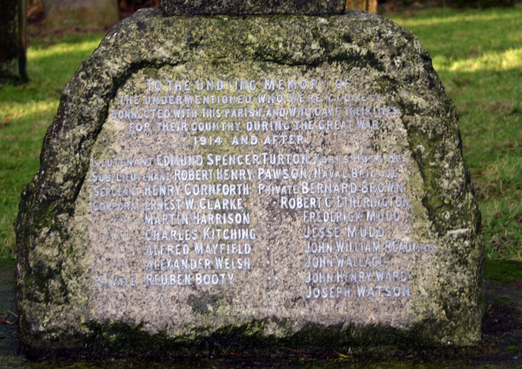 A close-up of the memorial names on the Kildale War Memorial. 