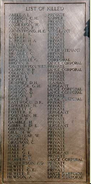 Private Fryer's Name on the Knaresborough War Memorial