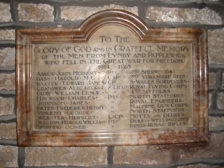 The War Memorial in St. Michael's Church, Linby - Nottingham