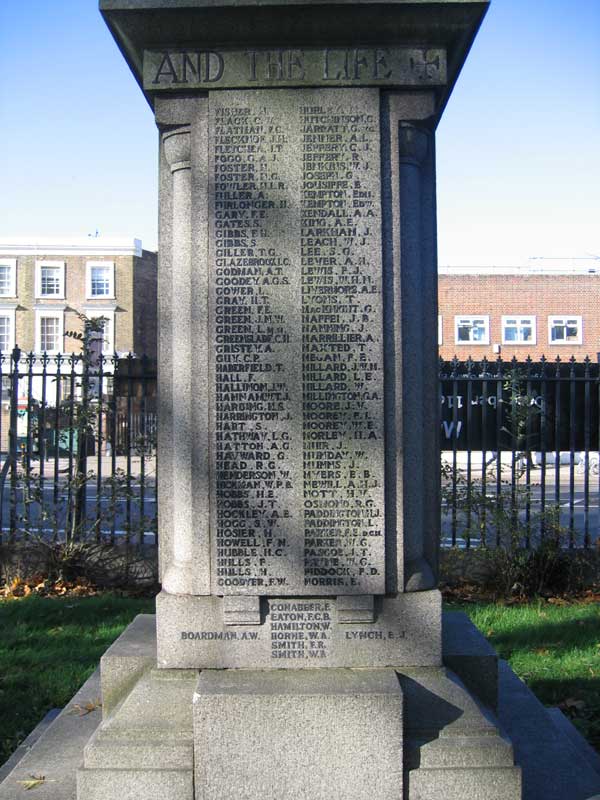 The Names on the War Memorial for Kennington, London, outside the Oval.