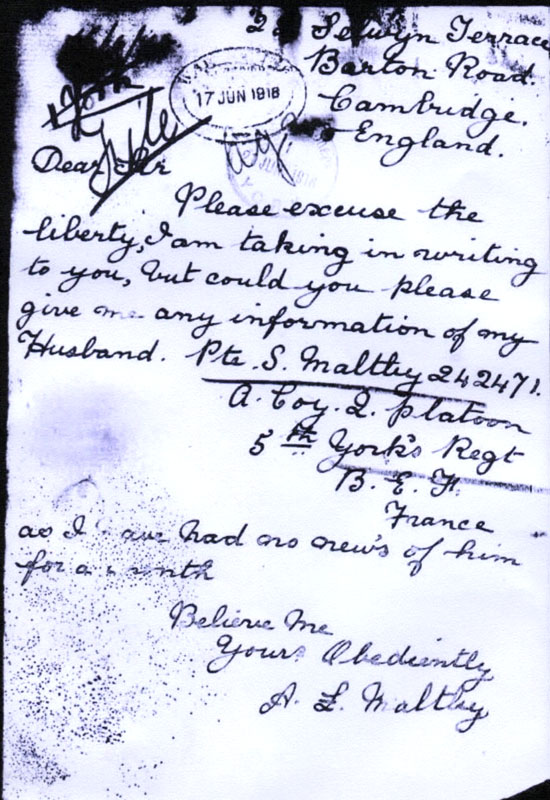 Letter to the Yorkshire Regiment from Mrs. A. Maltby June 1918