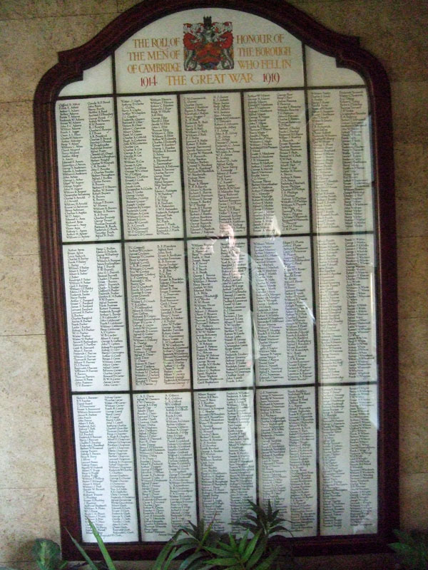 the roll of honour in the Guildhall Cambridge